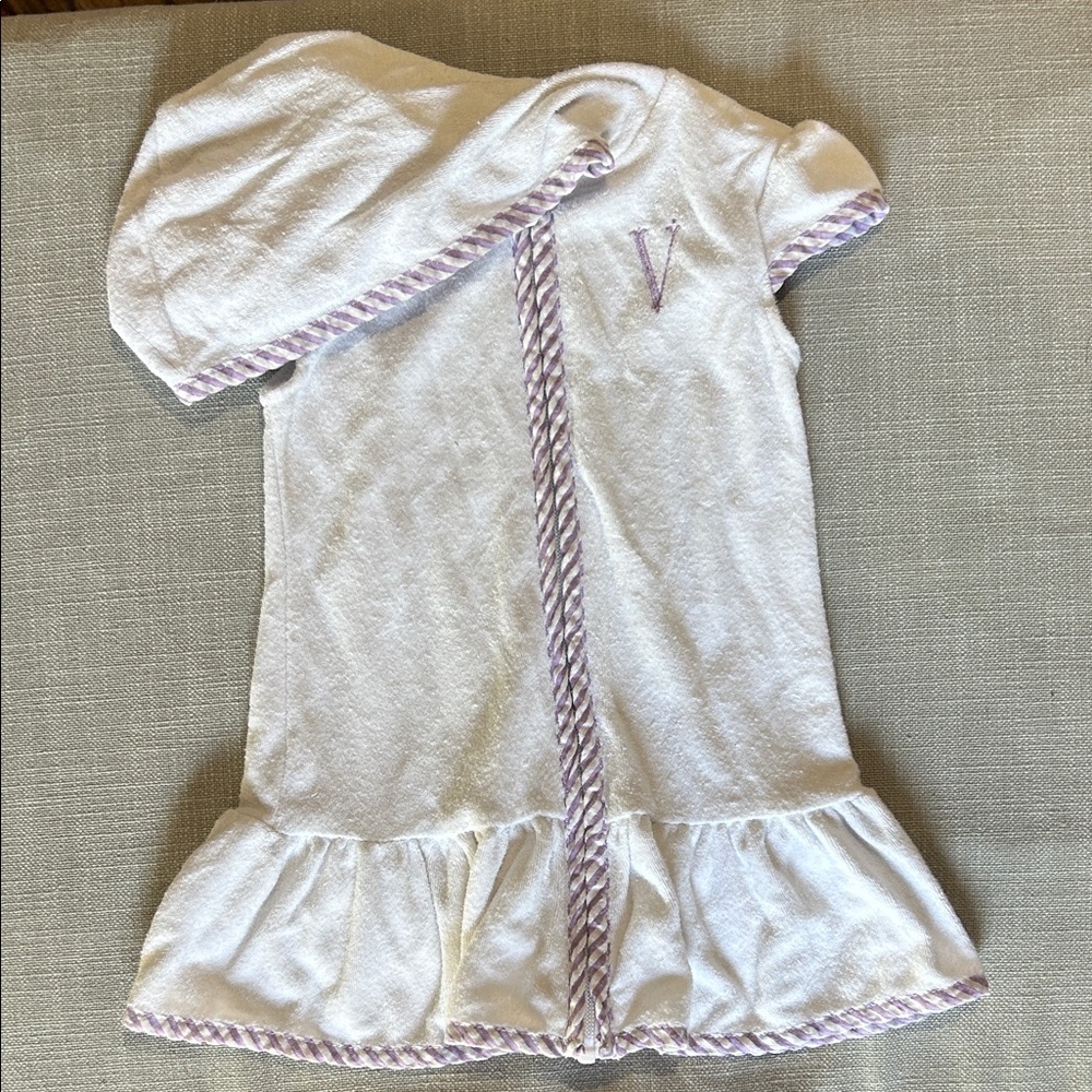 White and Purple Trimmed Terry Cloth Coverup - Embroidered with a V